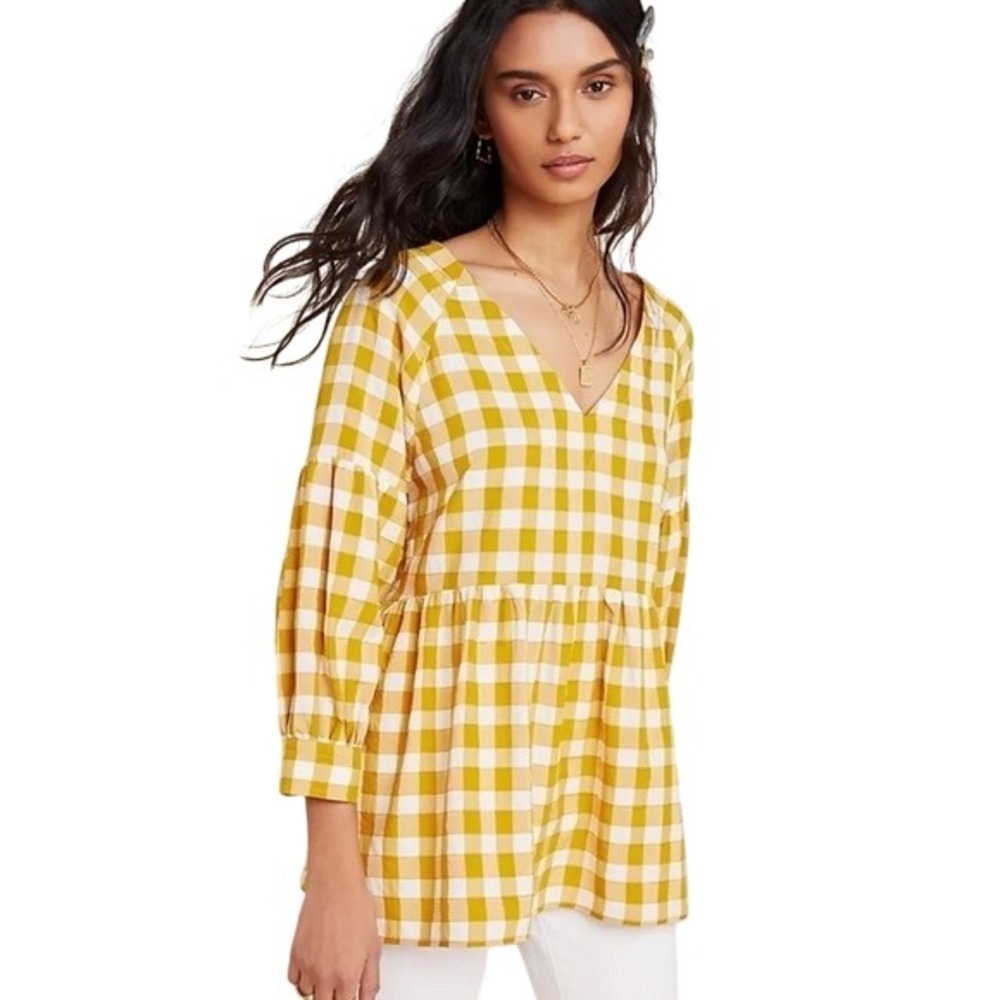 Maeve by Anthropologie April Gingham Babydoll Blouse Mustard Yellow Large